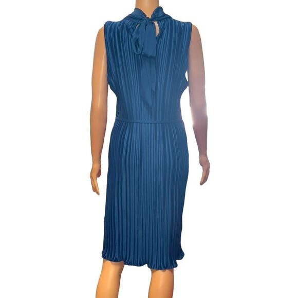 DKNY Deep Sea All Around Pleat Ribbon Back Neck Belted Dress Size 12 NWT - Picture 2 of 12